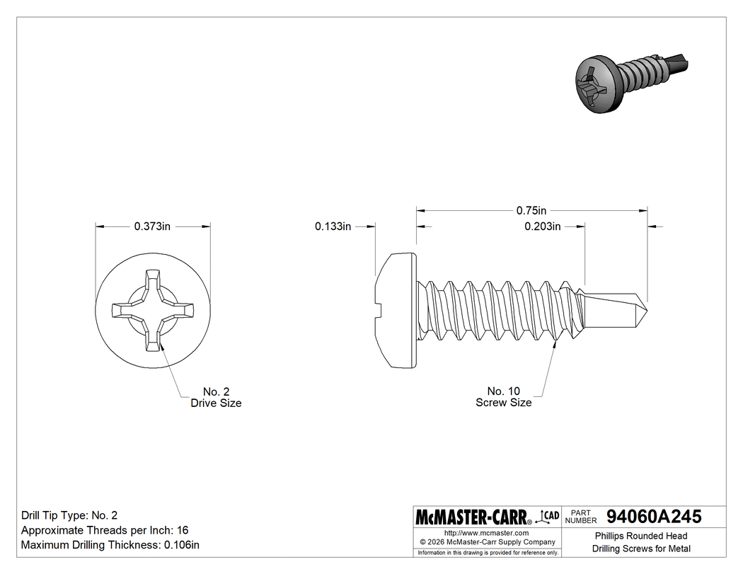 Technical Drawing of Phillips Rounded Head Drilling Screws, Zinc-Plated Steel, Number 10 Size, 3/4" Long.
